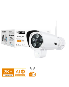 Security camera IN-9408 2K+ in white with LAN and WiFi connectivity. Software based motion detection, PIR detection and object detection combined with noise detection thanks to a build in microphone
