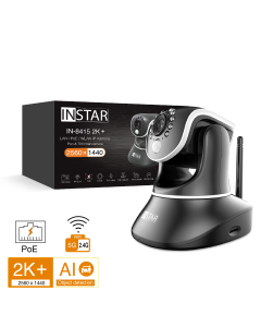 Surveillance Camera IN-8415 2K+ in black for indoor video surveillance. The camera has an integrated PIR sensor, alarm input and output, MIcroSD recording and supports LAN, WIFi and PoE connection.