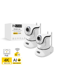 Set of 2 pieces security camera IN-8815 4K for indoors. Pan & Tilt camera with 4K resolution, Wi-Fi, integrated PoE and LAN interface as well as PIR, IR night vision and motion detection as well as audio detection / noise detection