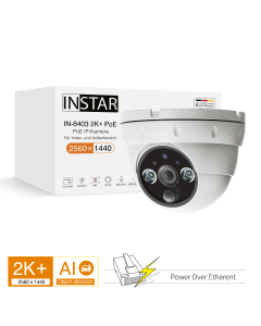 PoE IP Camera IN-8403 2K+ in white with Power over Ethernet. PoE Dome camera for indoor and outdoor use with HomeKit Secure Video (HKSV) and integrated PIR and object detection.