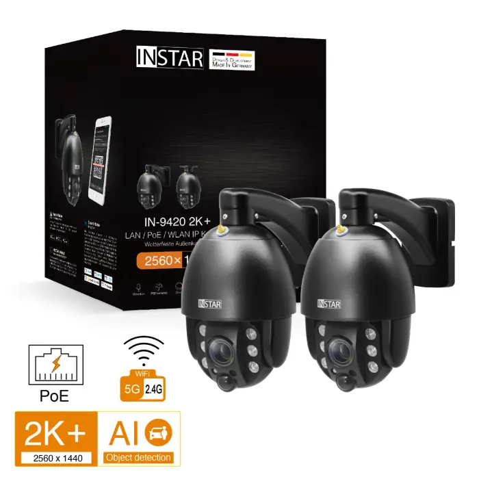 IN-9420 2K+ PTZ – 2-Camera Outdoor Set, PoE/Wi-Fi, 5× Zoom INSTAR
